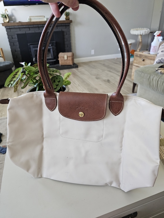 Longchamp Handbags - Longchamp Cream Tote with Brown Leather Trim and Handles